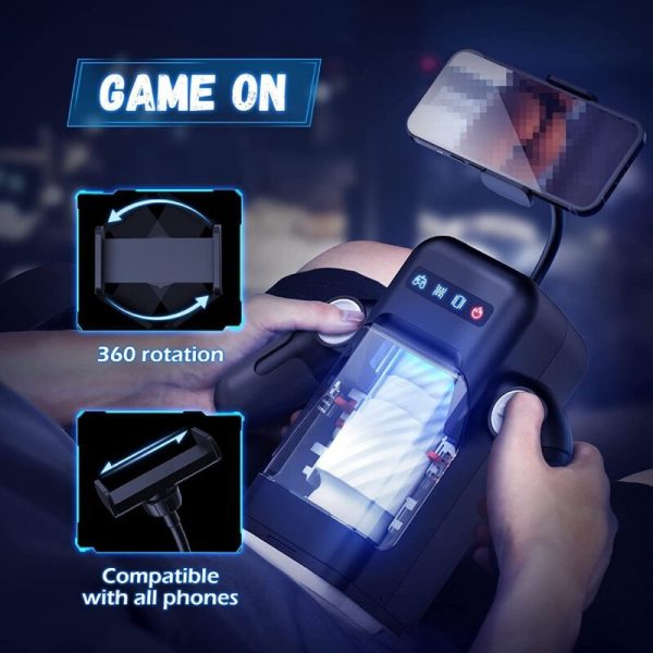 GAME CUP - MASTURBADOR MASCULINO CON VIBRACIÓN Y FUNCIÓN CALOR CON SOPORTE PARA MÓVILES - NEGRO - Imagen 4