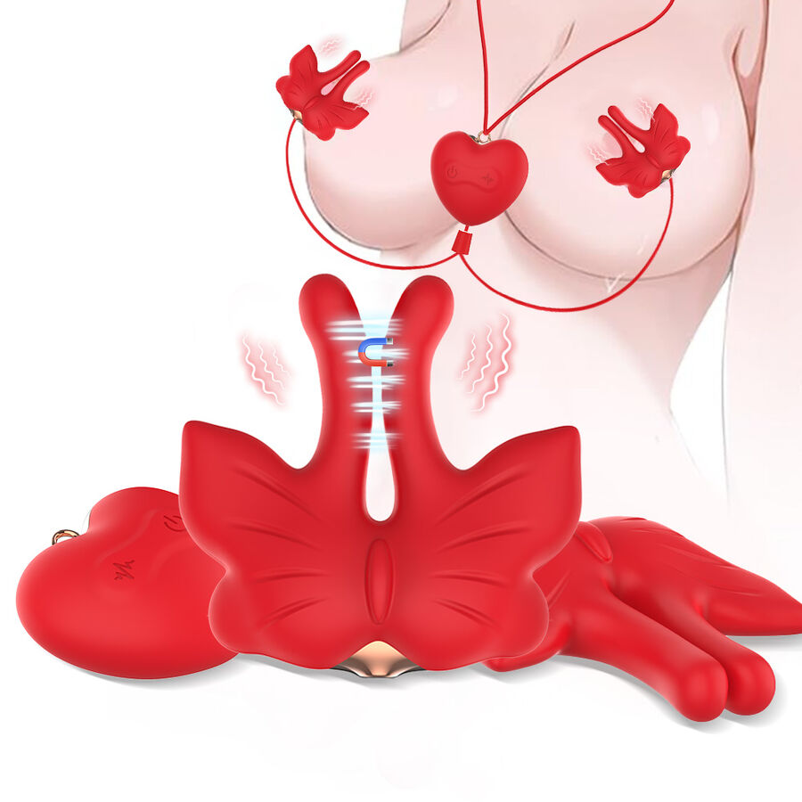 ARMONY - MAGNETIC NIPPLE CLAMPS WITH VIBRATION BUTTERFLY SHAPE RED - Imagen 2