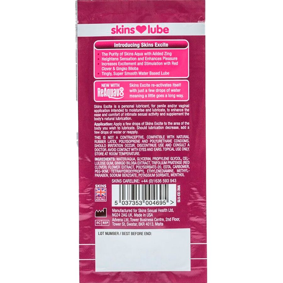 SKINS - EXCITE WATER-BASED LUBRICANT SINGLE-DOSE 5 ML - Imagen 2
