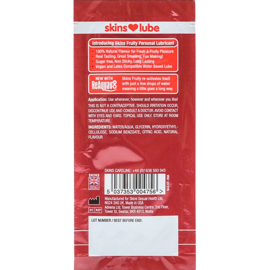 SKINS - FRUITY WATER-BASED LUBRICANT STRAWBERRY SINGLE-DOSE 5 ML - Imagen 2
