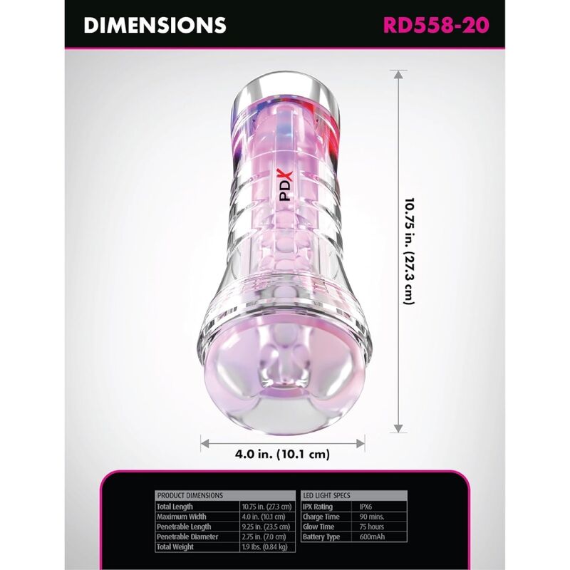 PDX ELITE - VIEWTUBE XXL LED TRANSPARENT STROKER 27.3 CM - Imagen 4